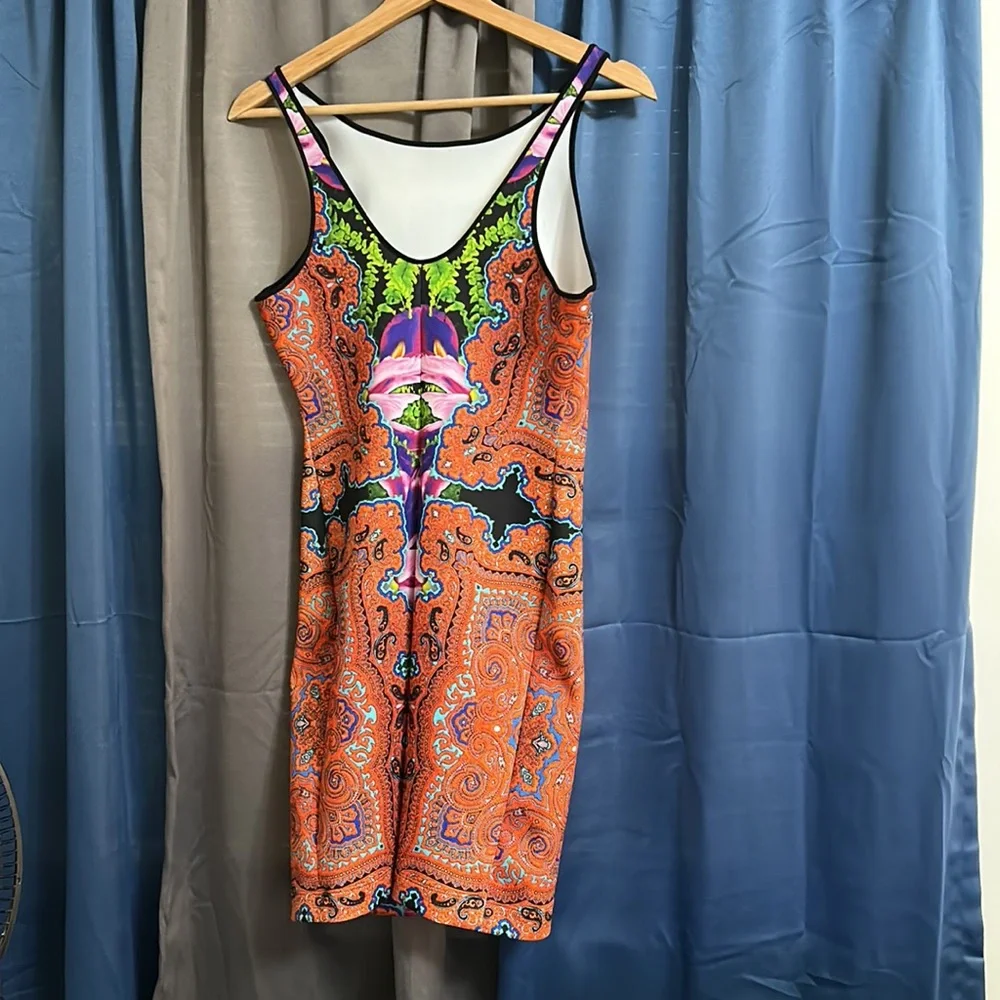 Clover Canyon Polyester Spandex Tank Mini Dress size Large L. Orange Multi color - Picture 2 of 4